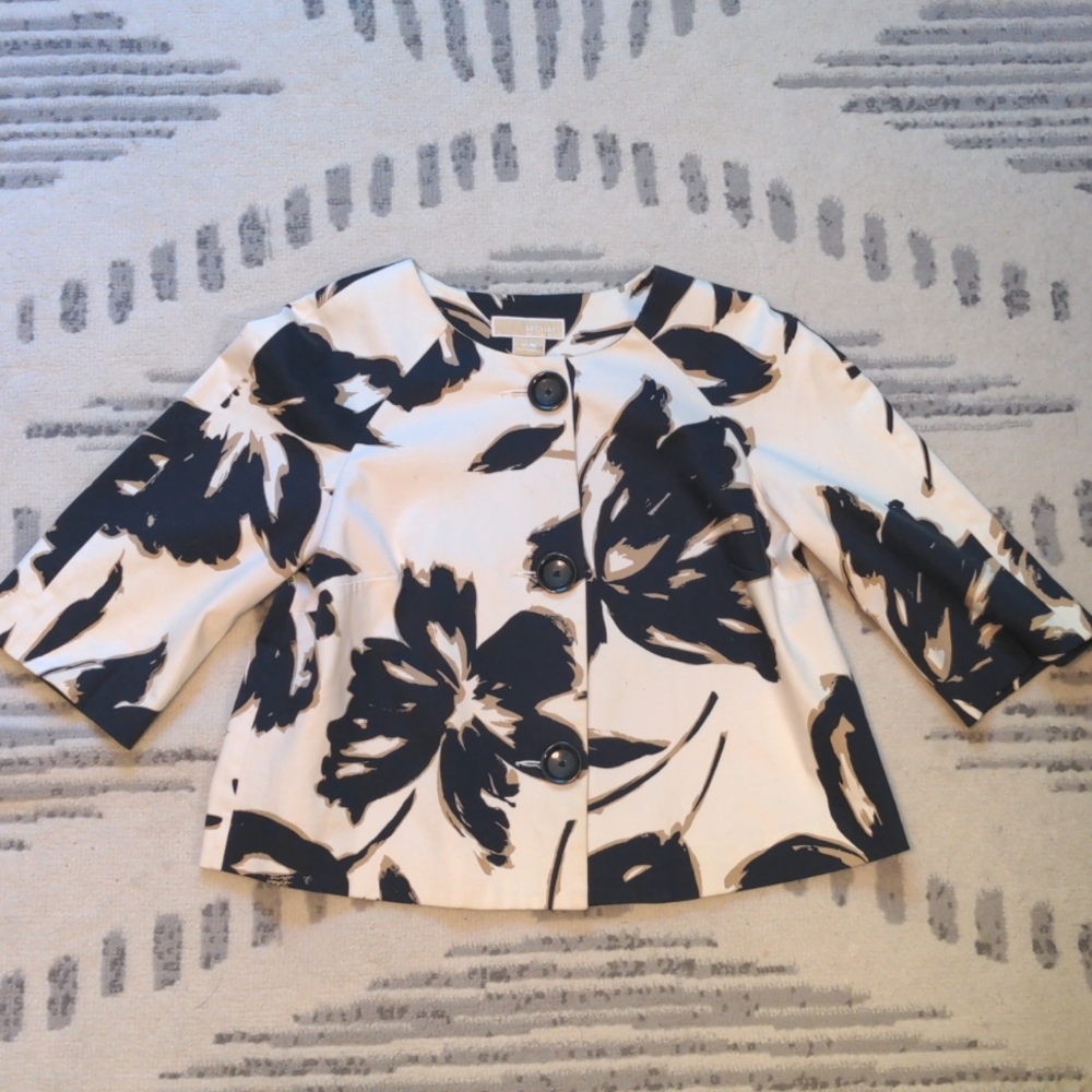 Floral Print Blue Cream Tan Michael Kors Spring Blazer - Size Medium M